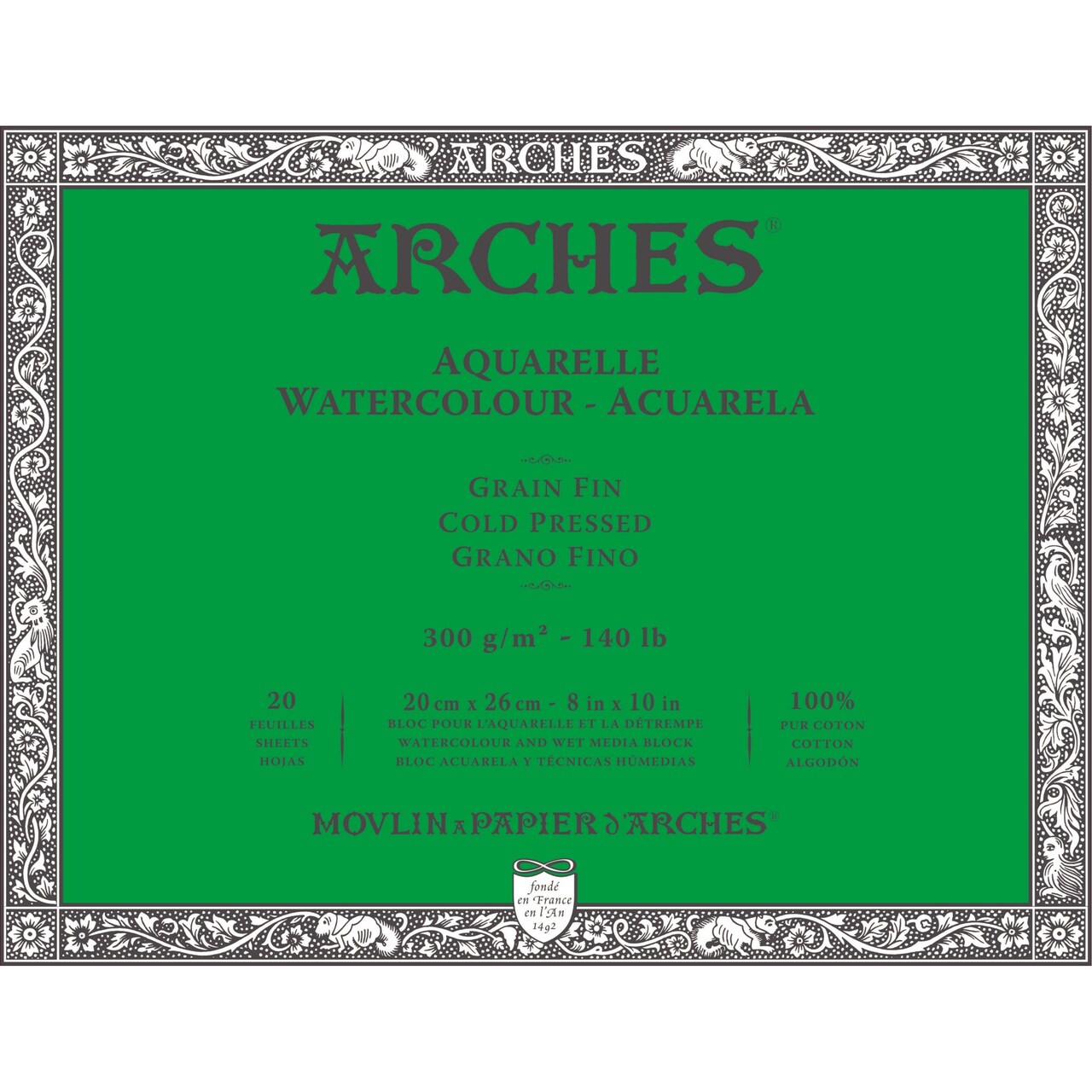 Arches Watercolor Block 8x10-inch Natural White 100% Cotton Paper - 20 Sheets of Arches Watercolor Paper 140 lb Cold Press - Arches Art Paper for Watercolor Gouache Ink Acrylic and More
